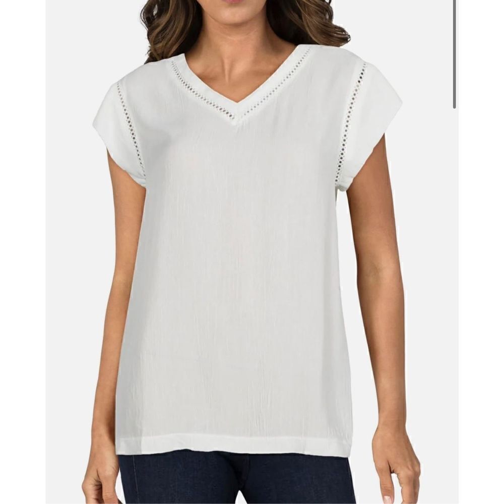 Buffalo David Bitton - Sofie Womens V-Neck Short Sleeves Blouse Cream Large EUC